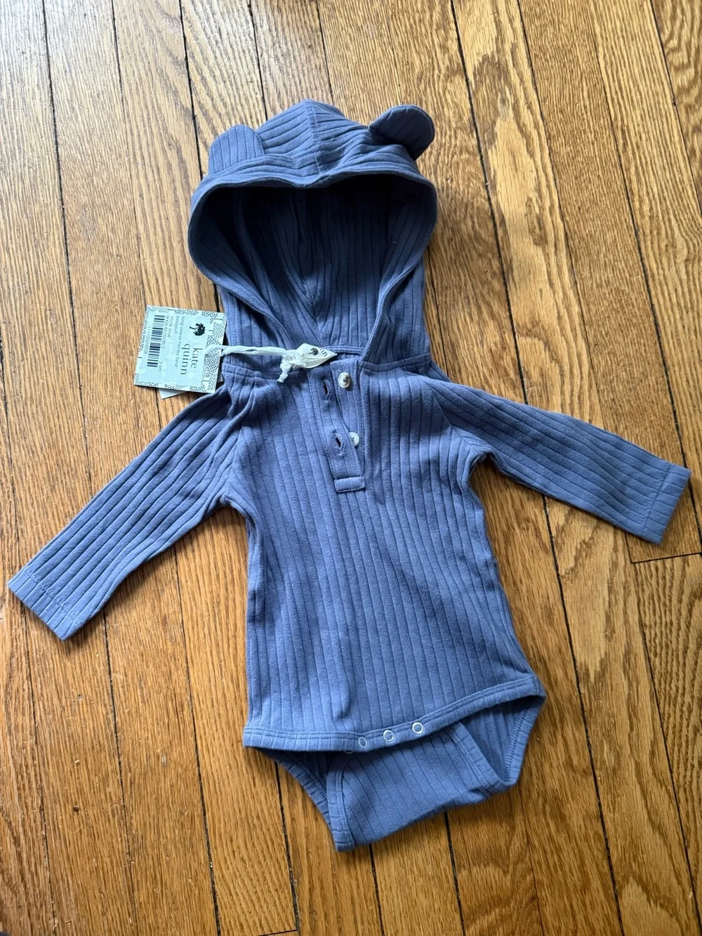 kate quinn Ribbed Hooded Baby Bodysuit in Slate Blue - Size 3-6 Months - NWT